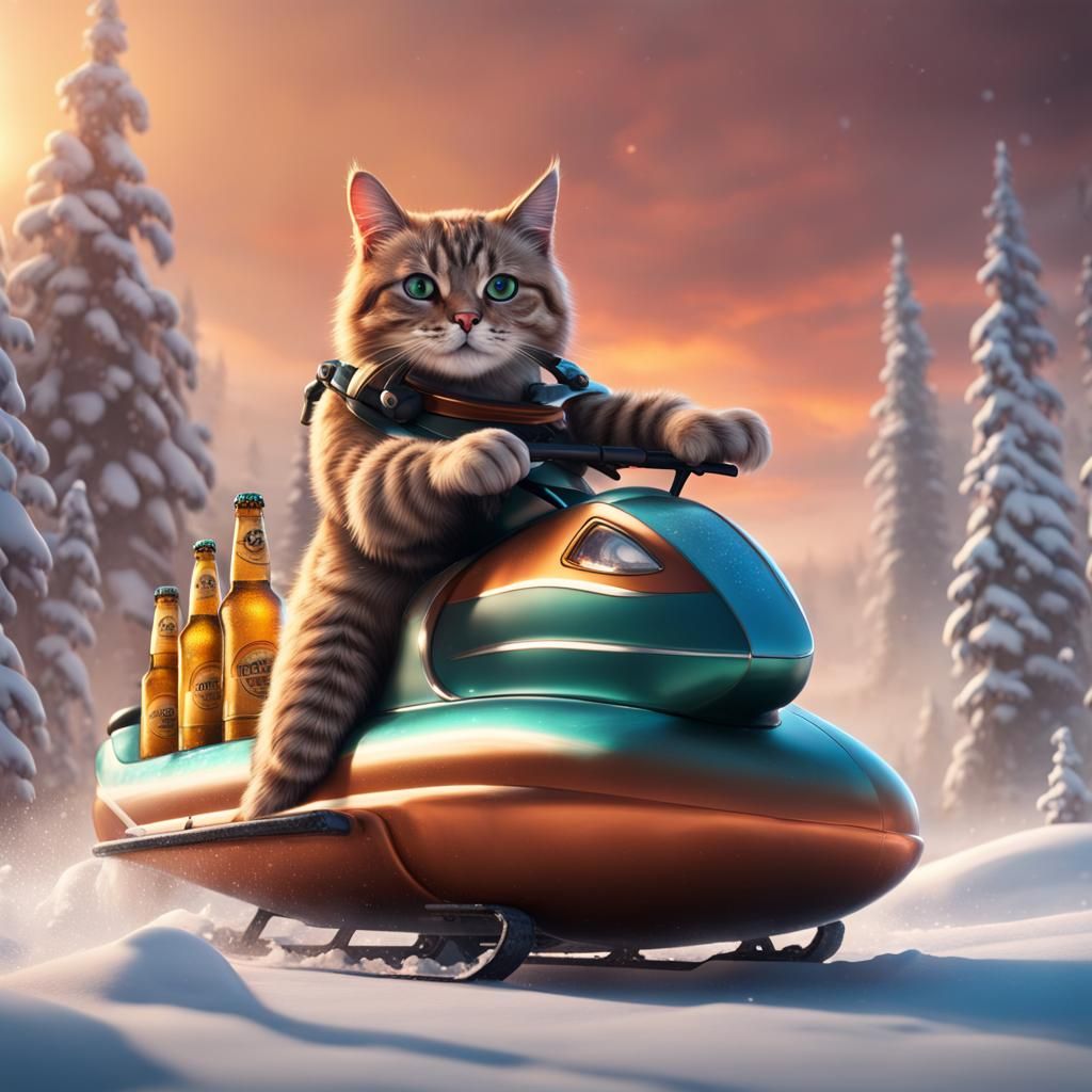 Cat Drives Hotdog Snowmobile: Fantasy Concept Art