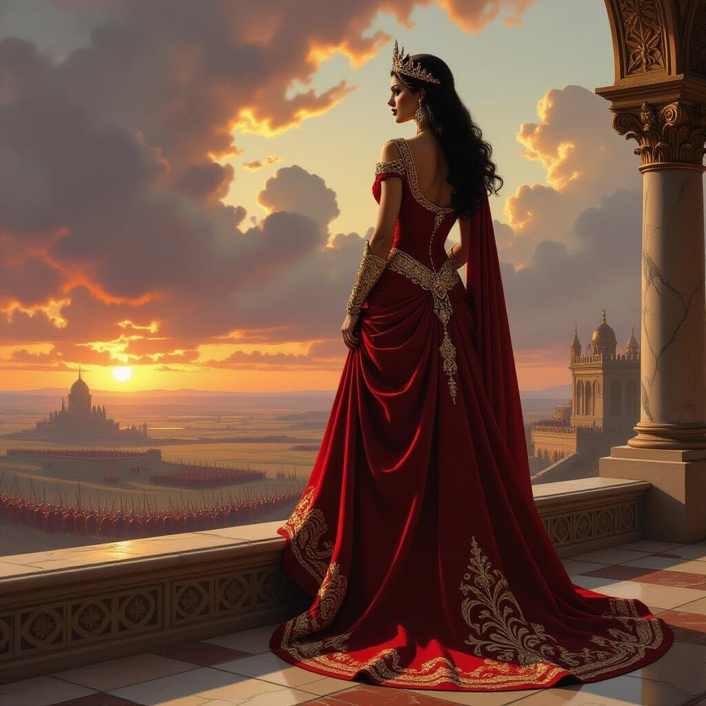 Regal Queen on Balcony Overlooking Ancient Battlefield