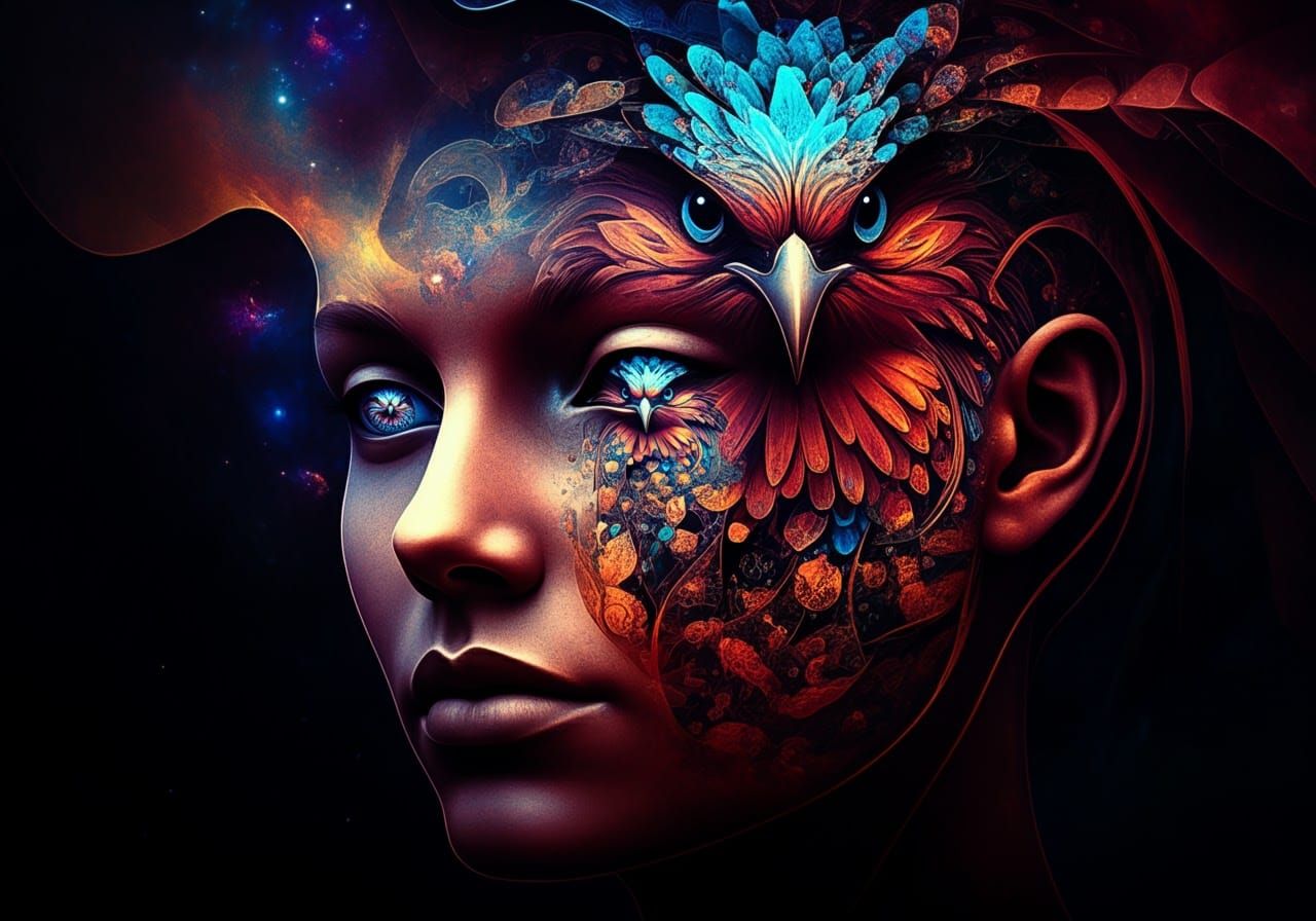 Surreal Bird Merging into Luminous Fantasy Face