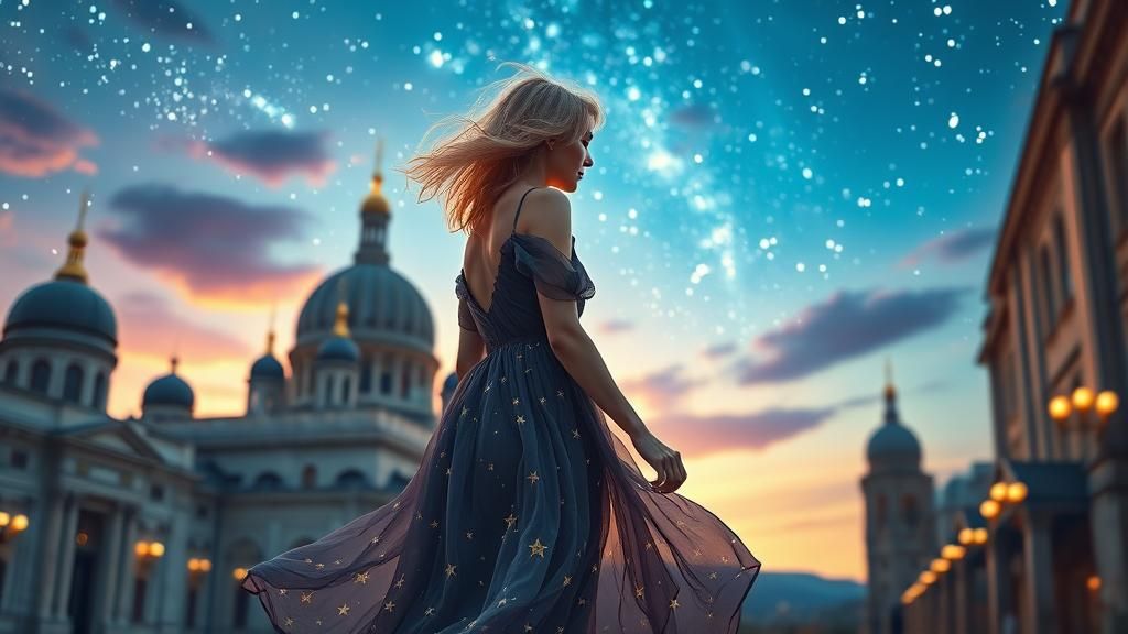 Ethereal Woman in Starlit City at Sunset