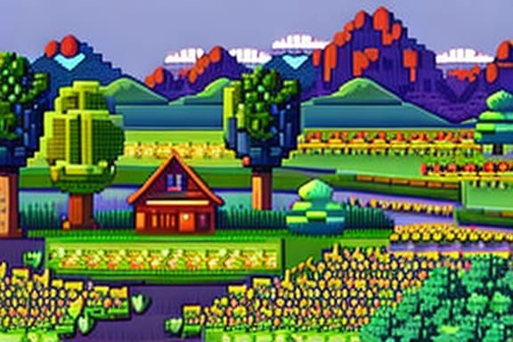 a farm landscape in the style of Stardew Valley