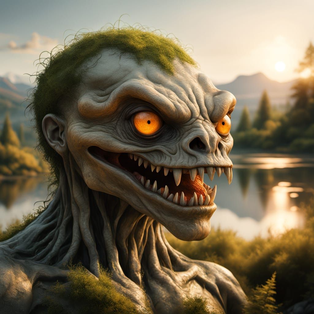 Hyper-Realistic Deformed Creature in Golden Hour Landscape