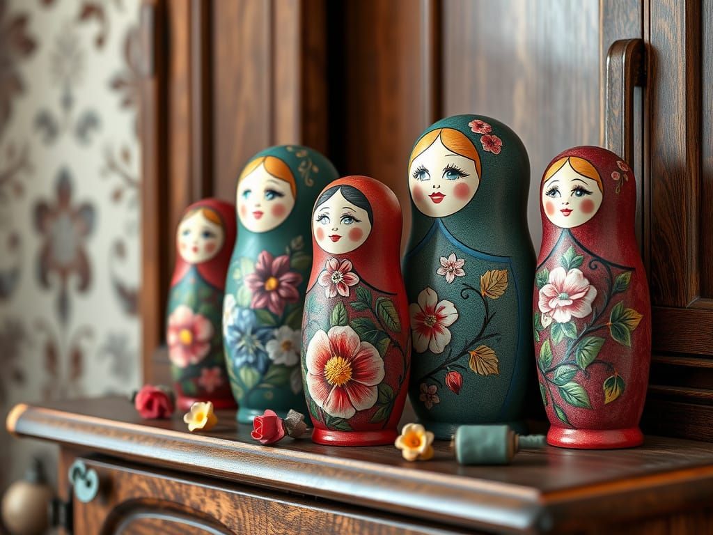 Ultra-Realistic HDR Matryoshka Dolls on Elegant Cupboard