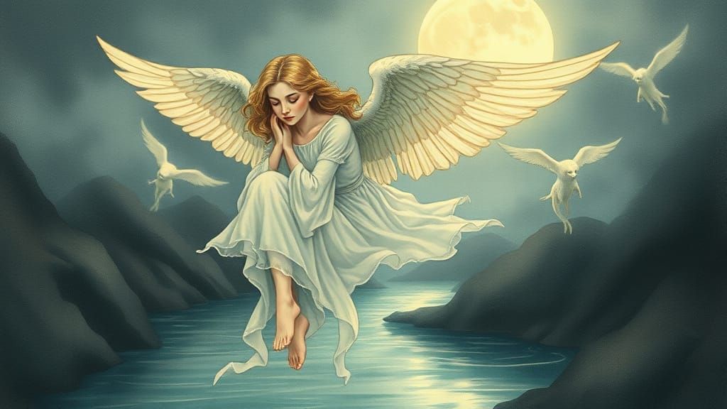 Ethereal Angel of Death, floating above a moonlit river
