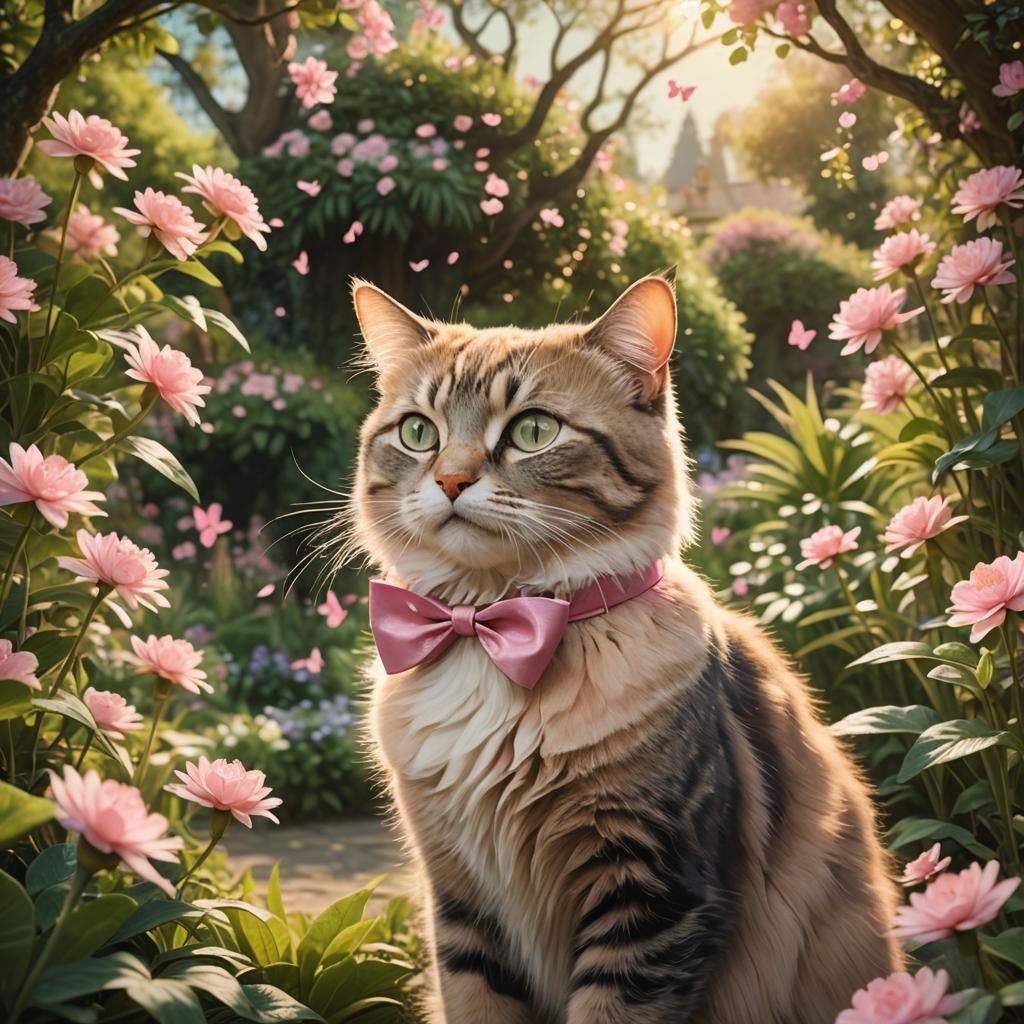 Cat with Pink Bow in Whimsical Garden