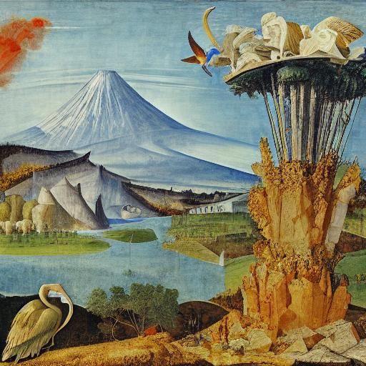 Volcano and Giant Pelicans in Mixed Media Style