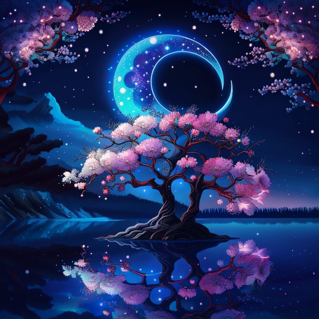 Cherry Blossom Tree Reflected: Astral Cosmic Illustration