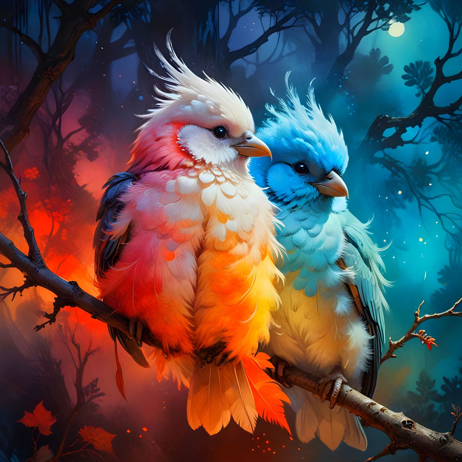 Whimsical Birds in Enchanted Forest