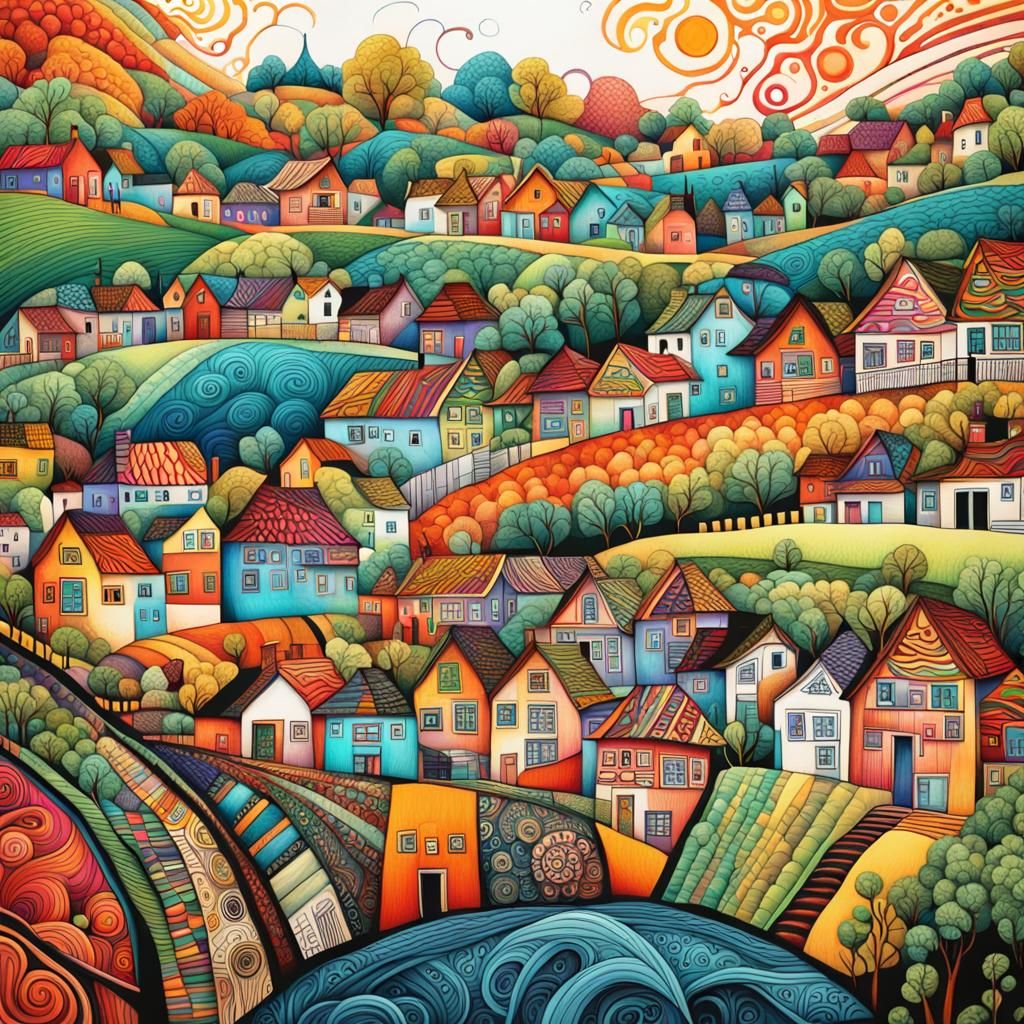 Intricate Zentangle Village on Hills in Splash Art Style