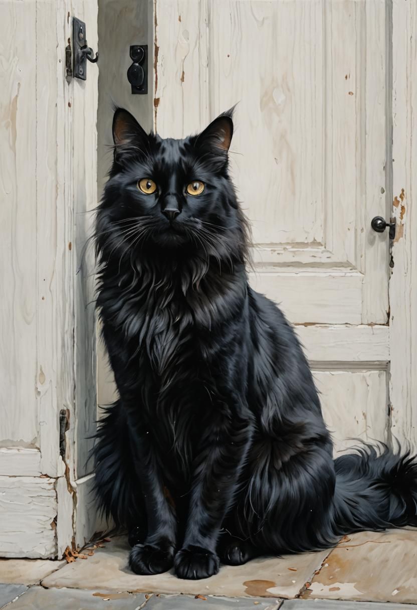 Detailed Painting of a Long-Haired Black Cat