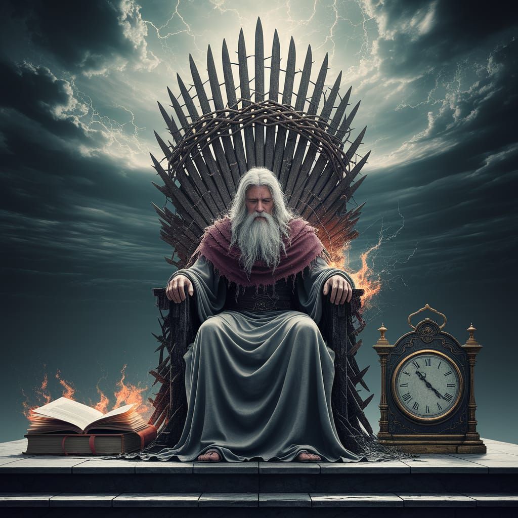 God on Throne in Stormy Sky, Cosmic Surrealism