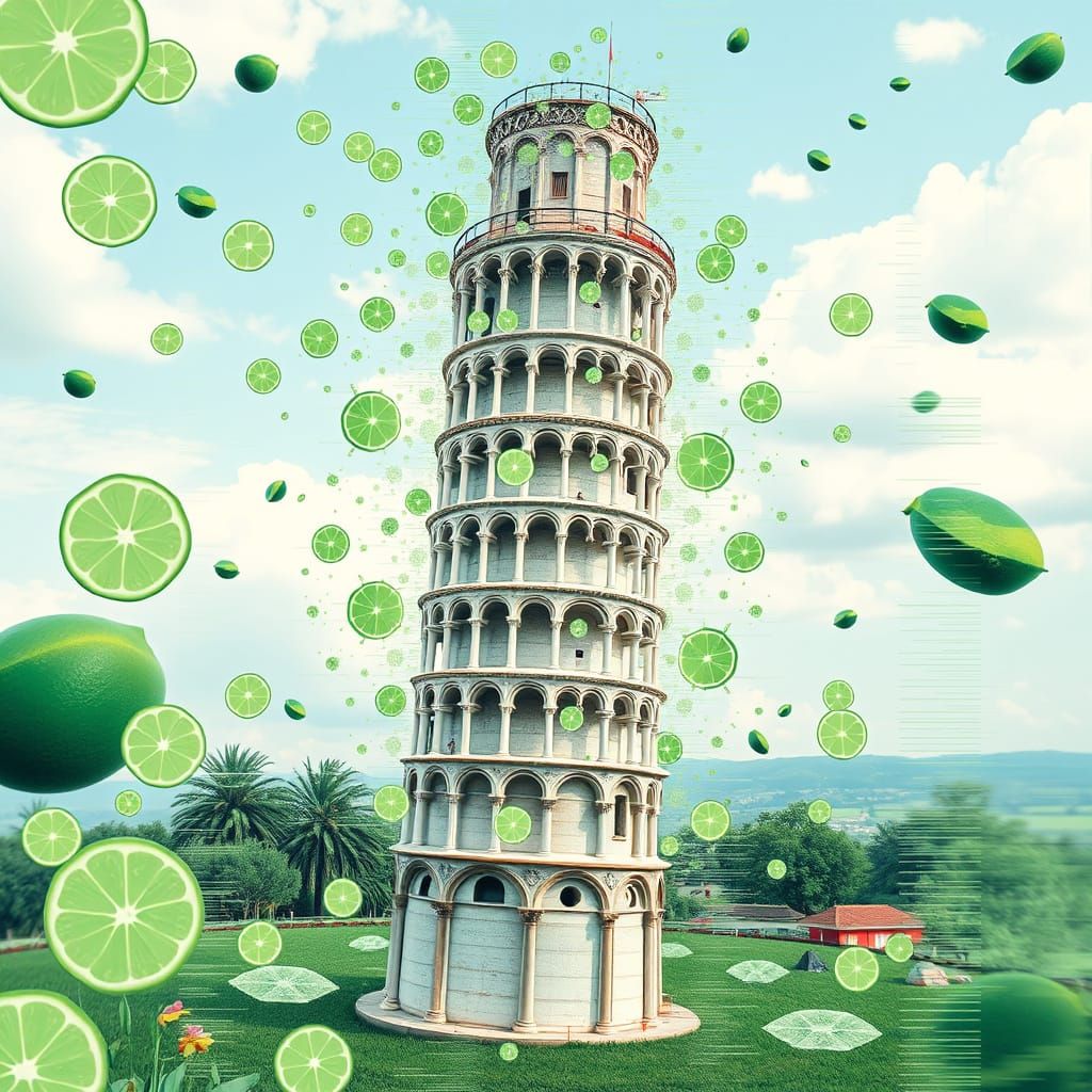 Surreal Pisa Tower Fractals in Glitch Art Collage