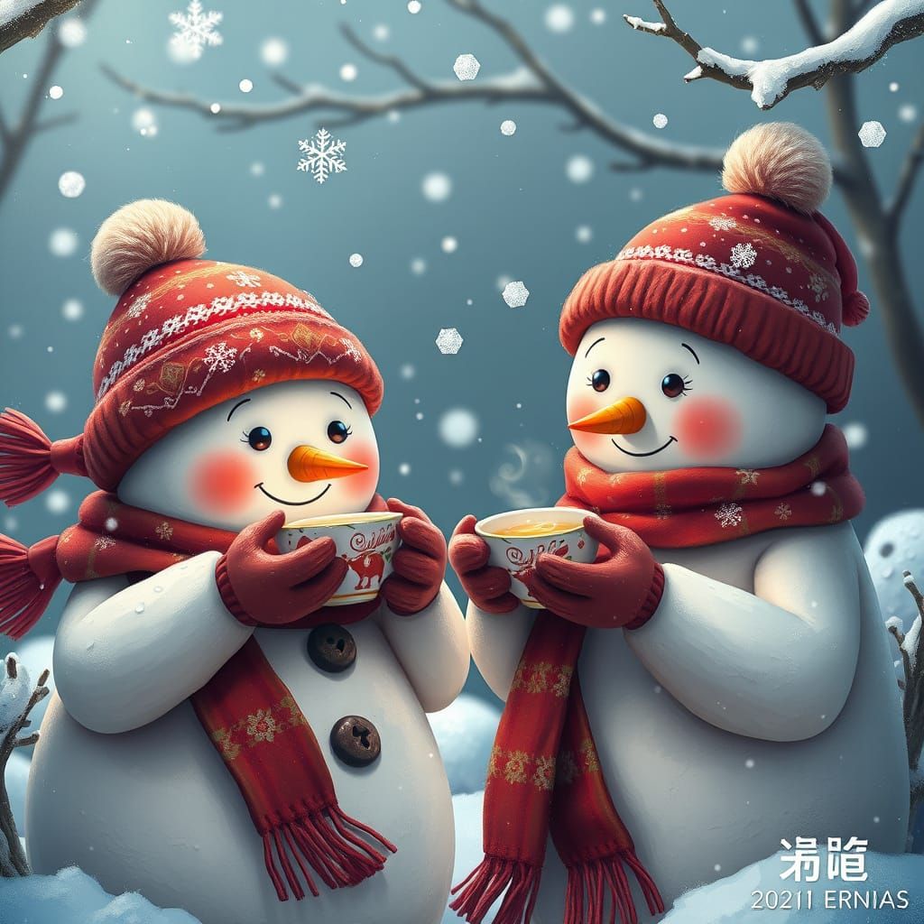 winter day, two Snowmen drinking tea, snowflakes falling, il...