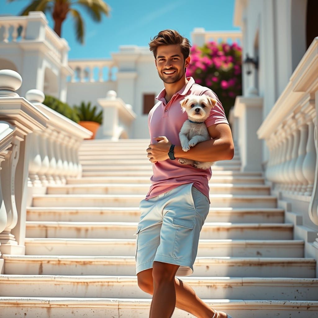 Gleaming Hero Descends Staircase in Vibrant Setting