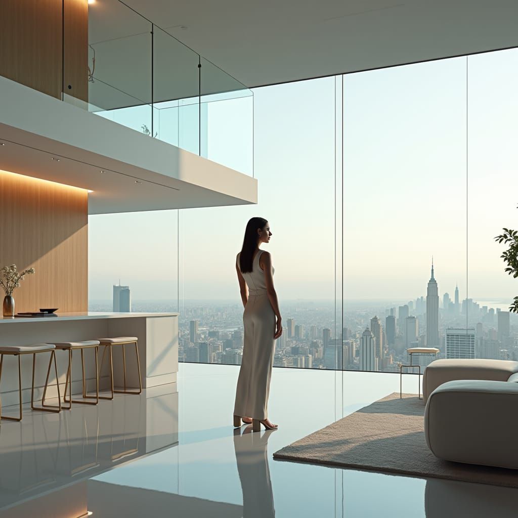 Elegant Woman in Futuristic Minimalist Living Room