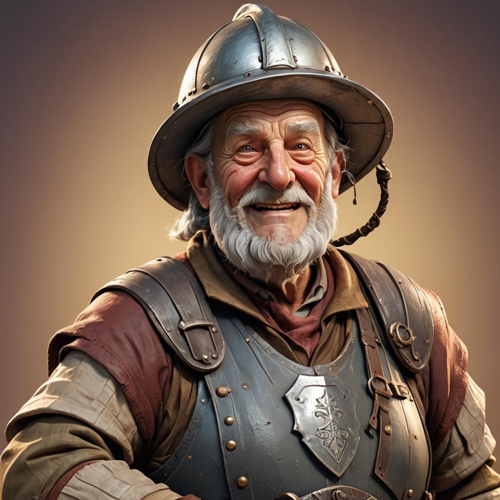 Jovial Old Man with Knight's Helmet in 3D