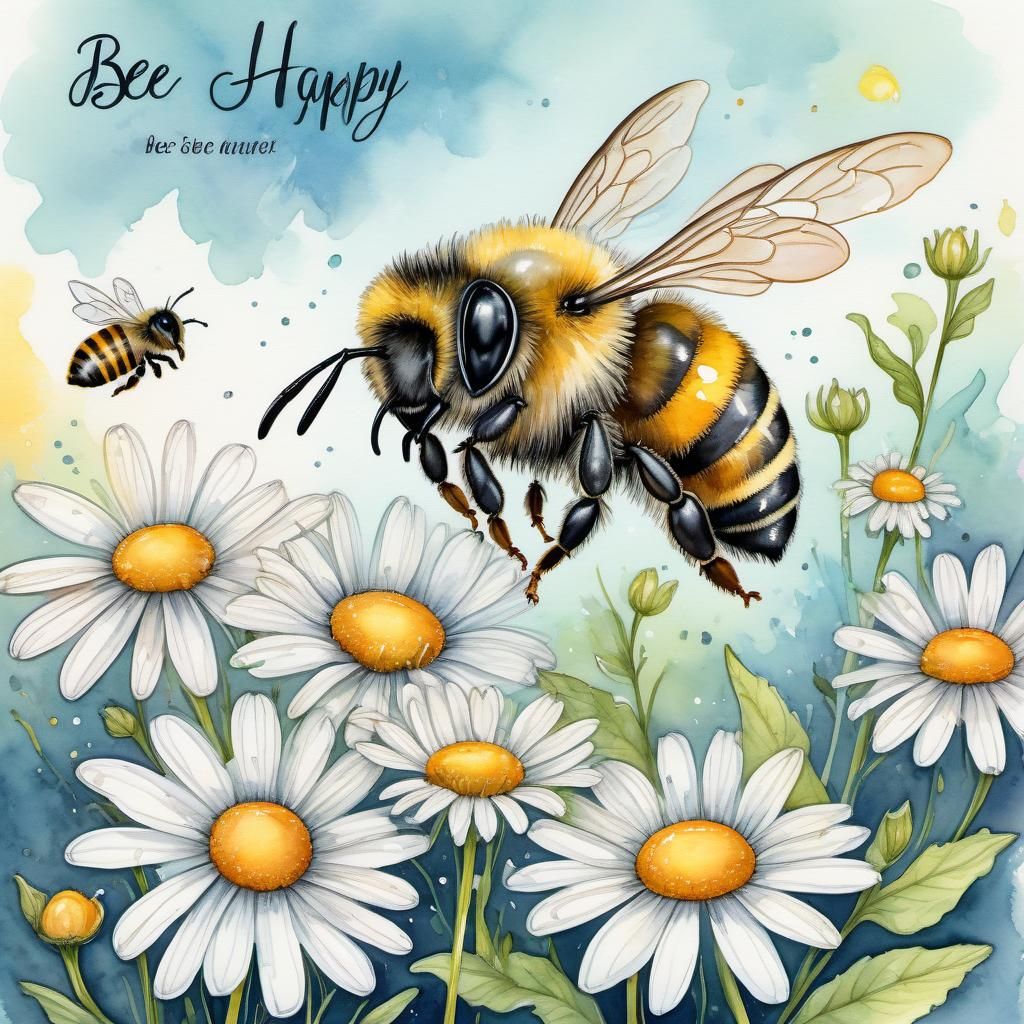 Bee on Daisies: Watercolor and Ink Illustration