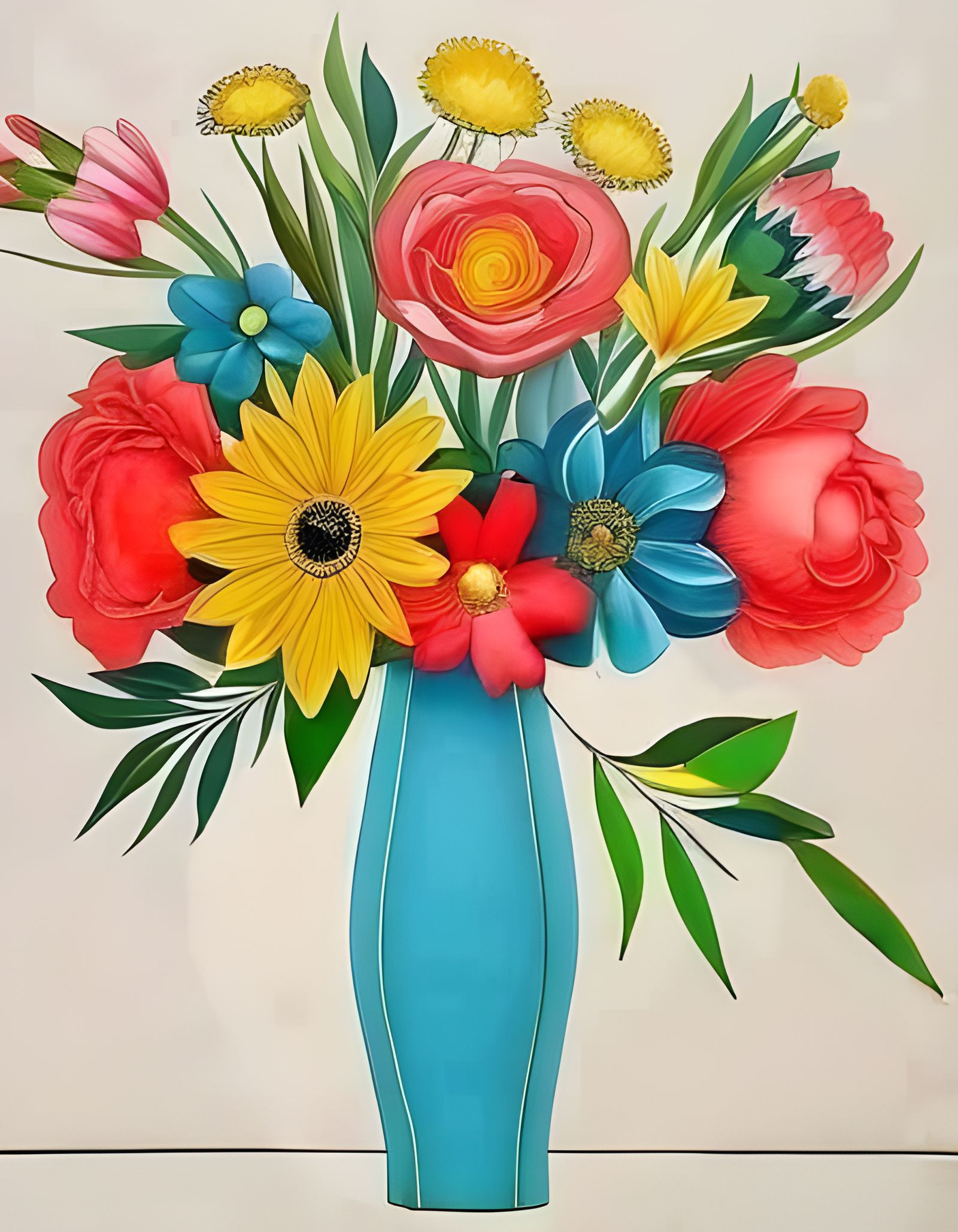 Pastel Line Art: Floral Bouquet in Blue Vase