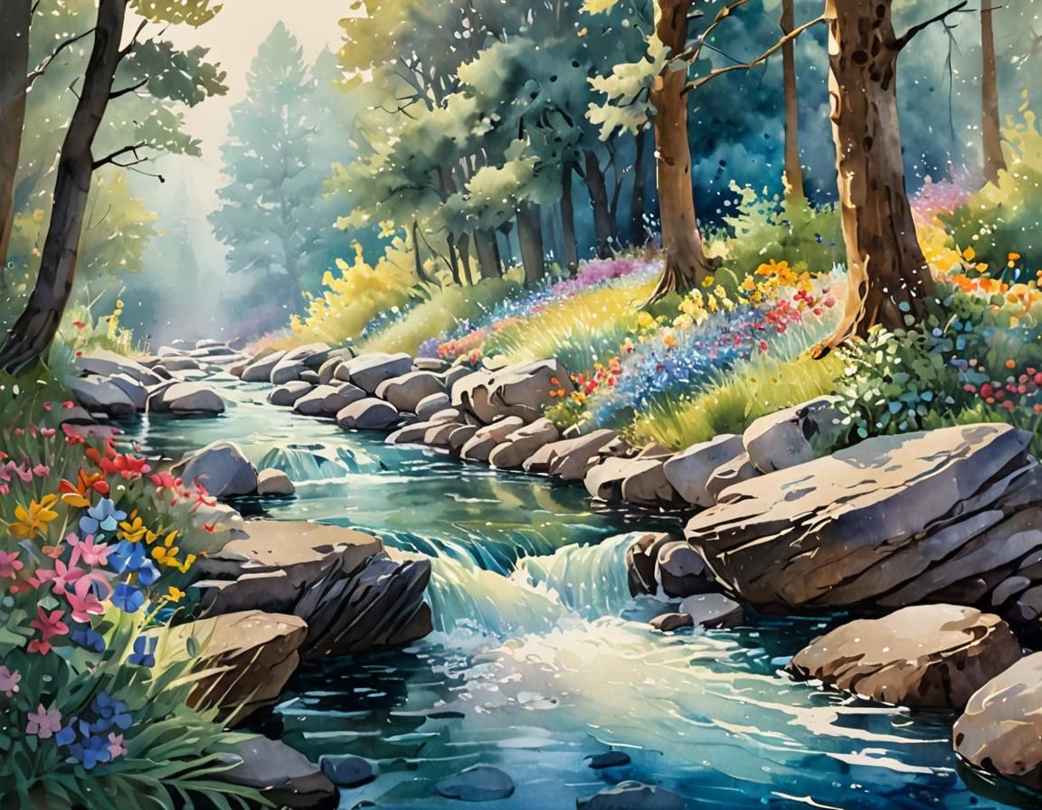 Jewel Blue Stream in Forest, Watercolor Style