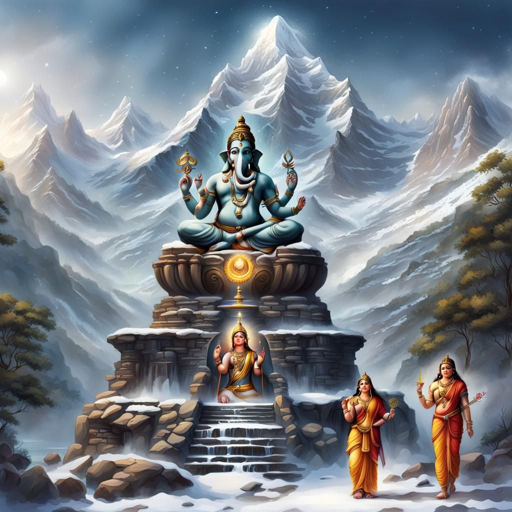 Ganesh, Shiva, and Parvati on Mount Kailas