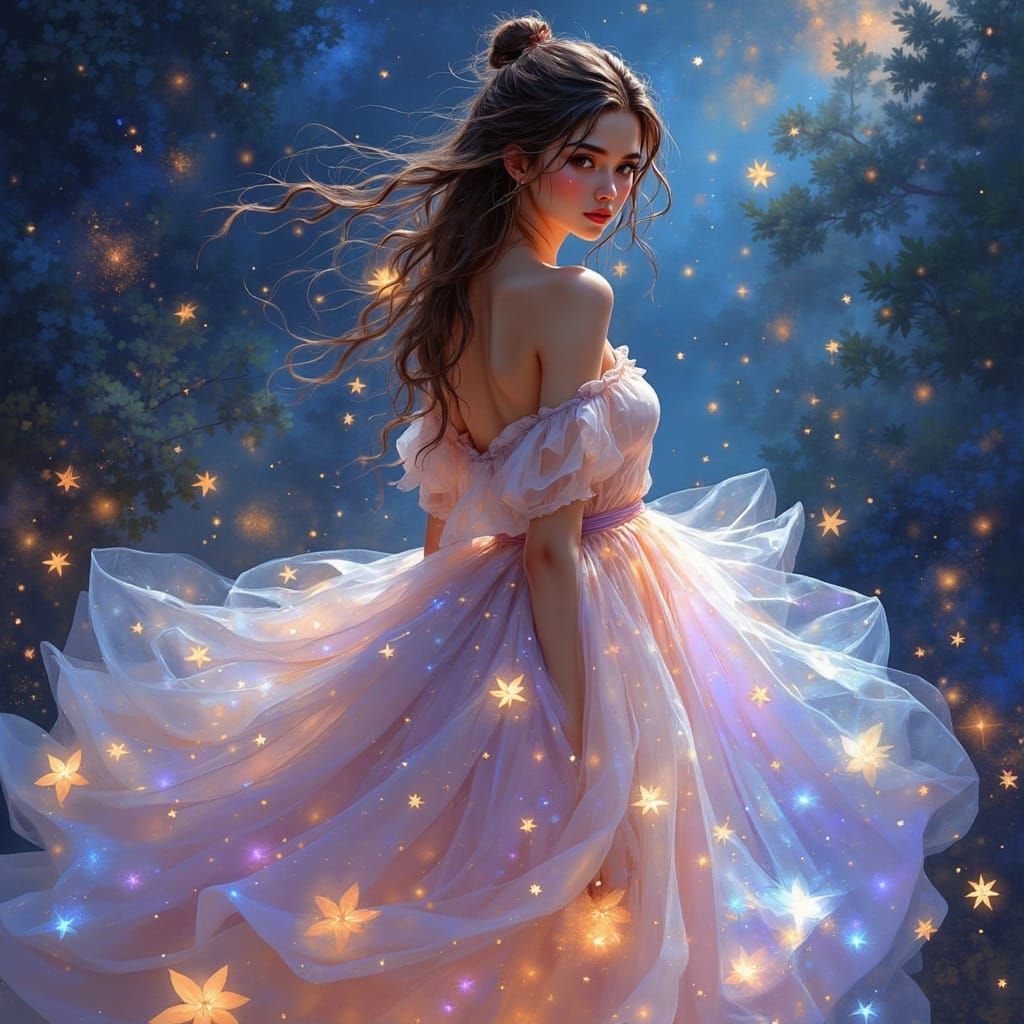Woman in Flowy Skirt with Starry Bokeh Background