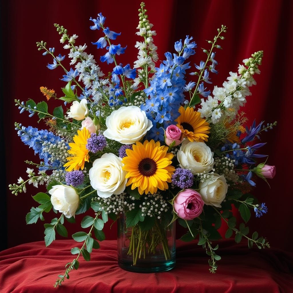 Vibrant Floral Masterpiece in Rich Red Velvet