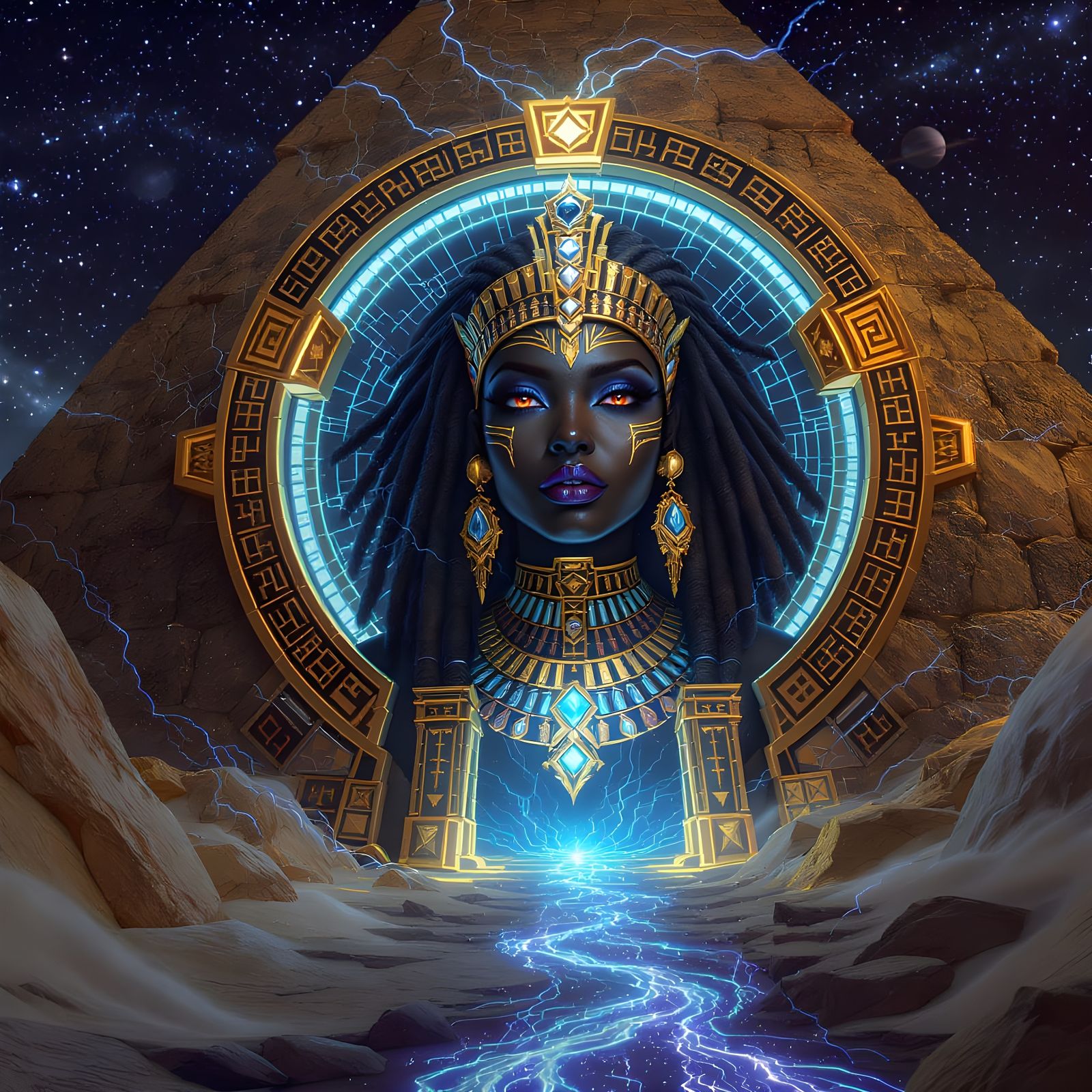 :

“A hyper-detailed digital painting of an Afrofuturistic E...
