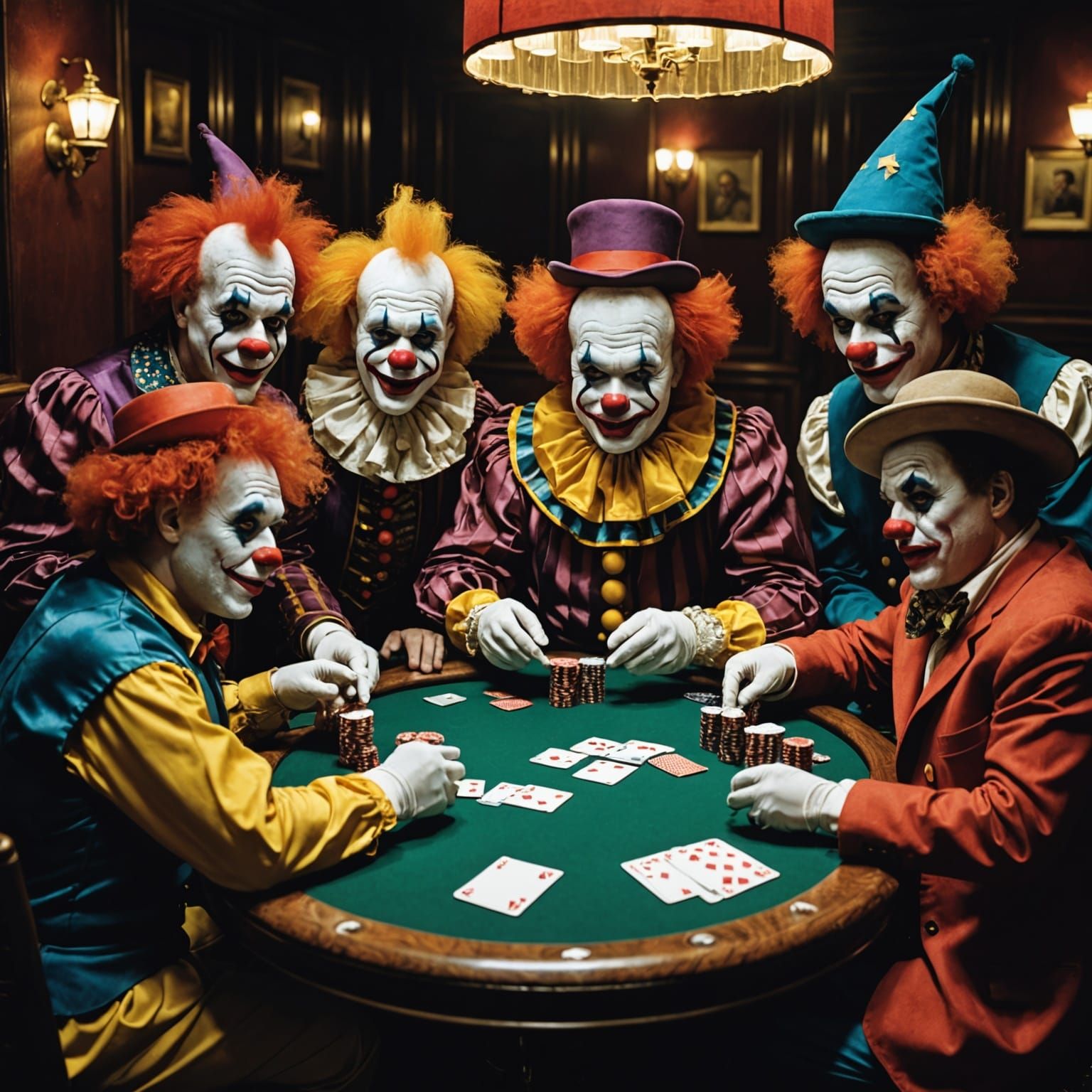 Clowns Playing Poker in a Whimsical Scene