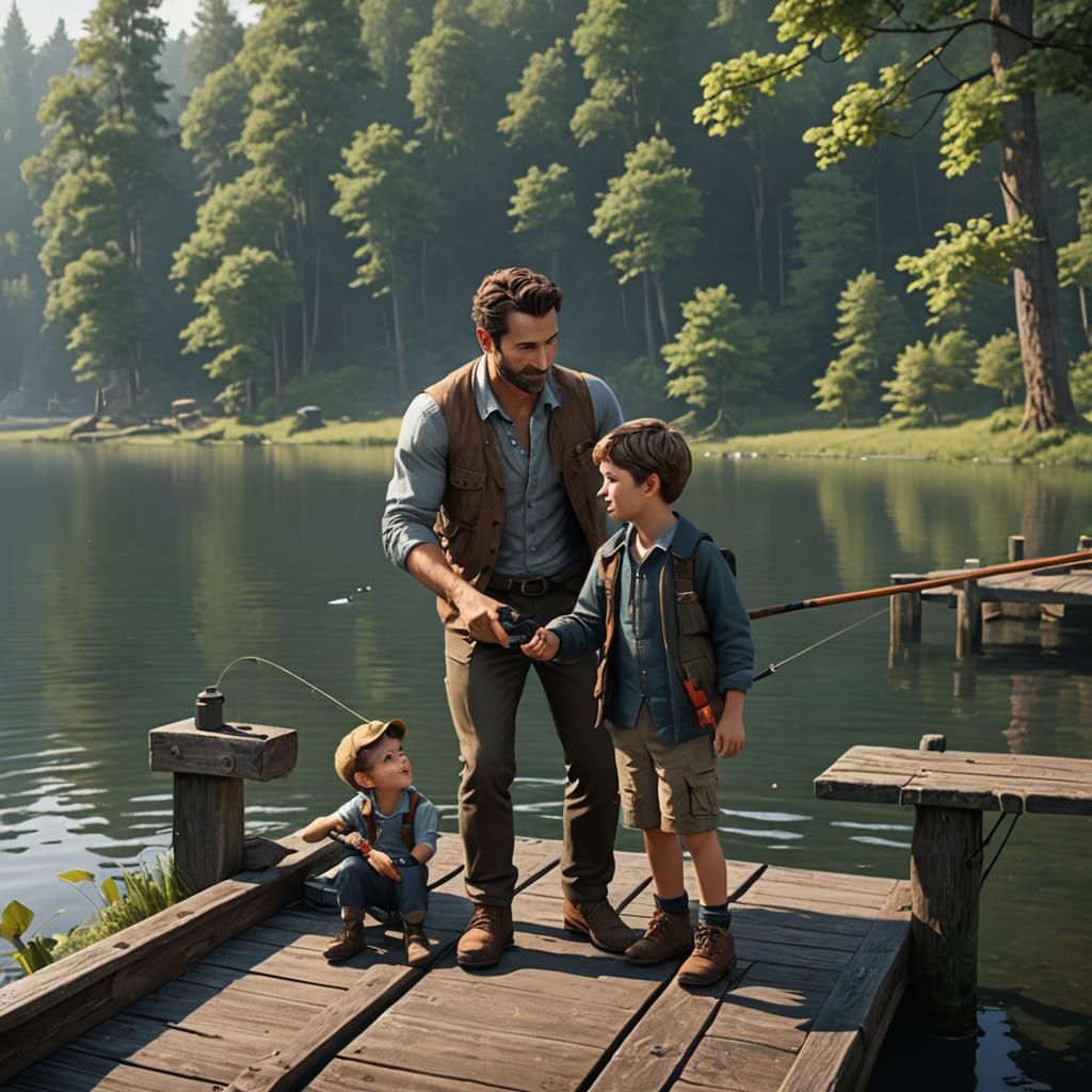 Father and Son Fishing on Tranquil Lake