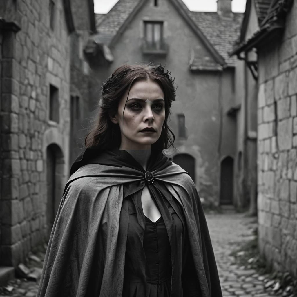 Ethereal Woman with Bats in Haunted Halloween Scene