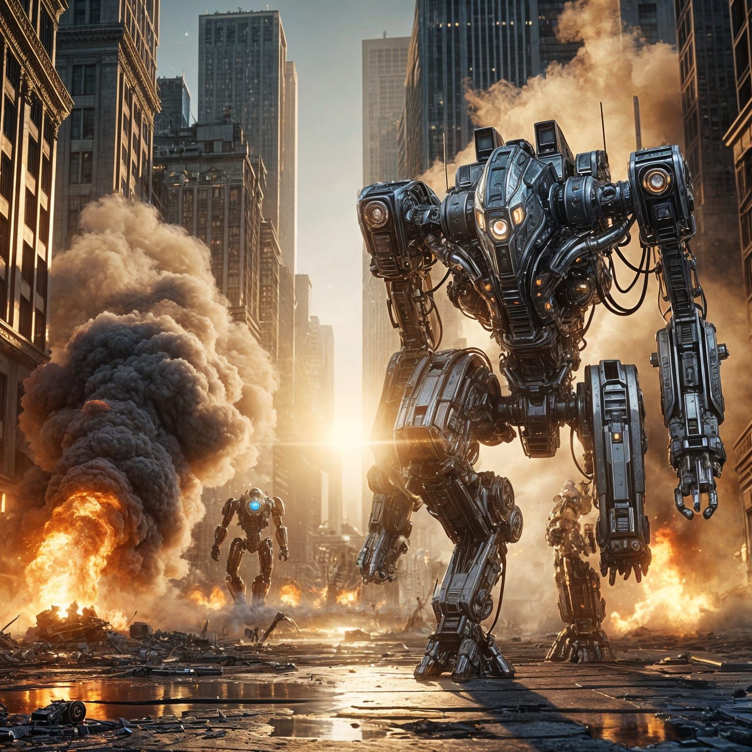 Dystopian City Patrolled by Mechanized Exoskeletons