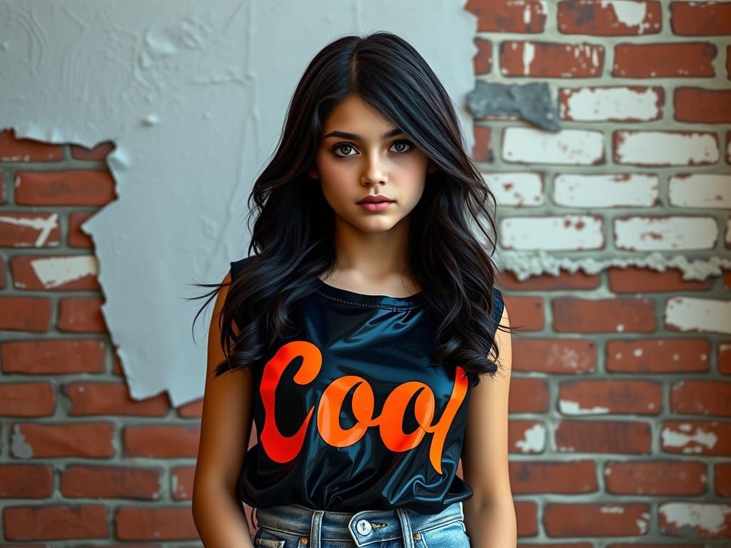 Confident Teenage Girl in Distressed Denim and Orange Letter...