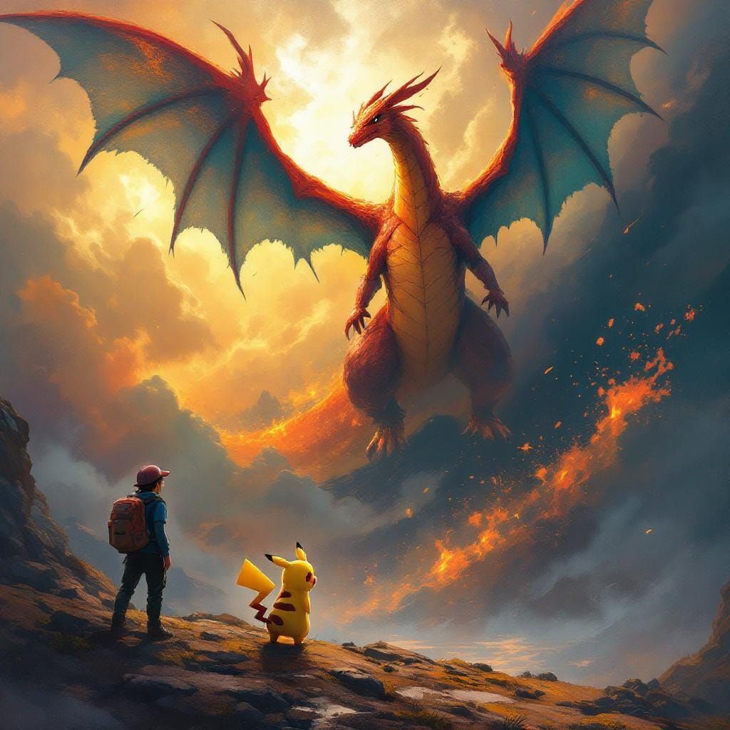 Charizard Towers Over Ash and Pikachu in Oil Painting