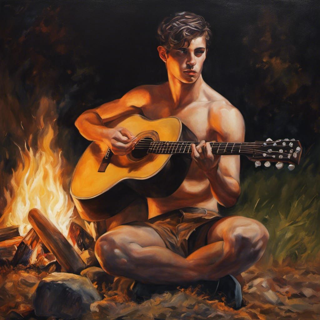 Hyperrealistic Portrait of Guitarist by Campfire