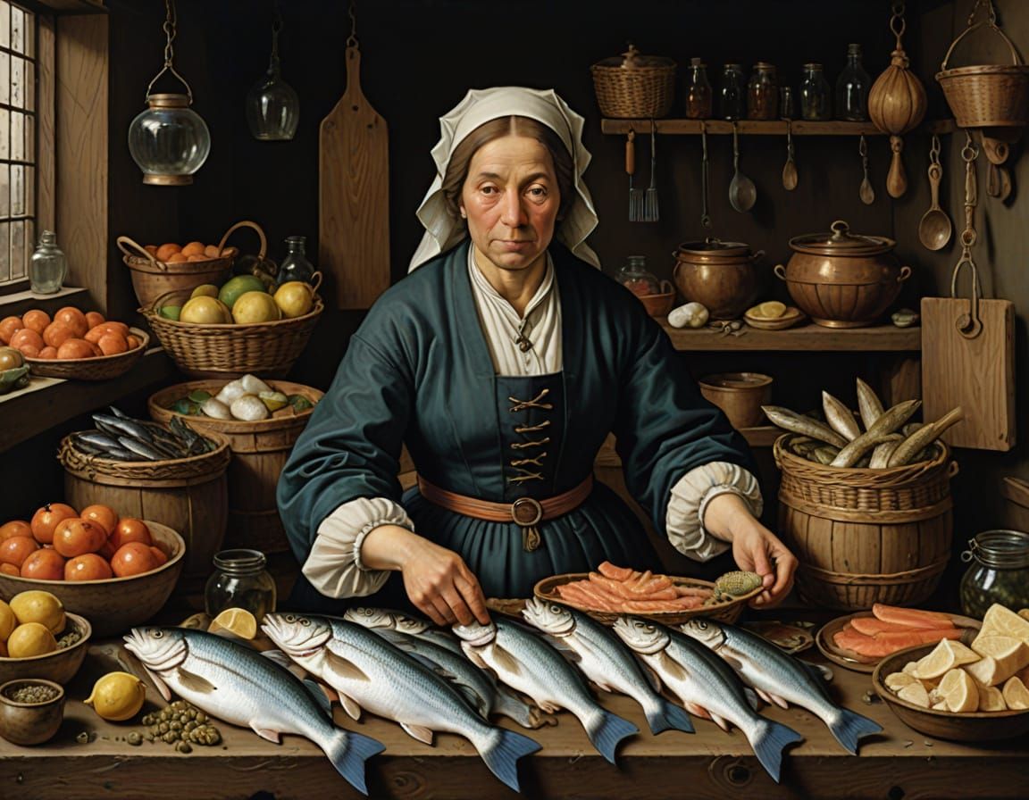 Woman Selling Fish: Flemish Masters Still Life