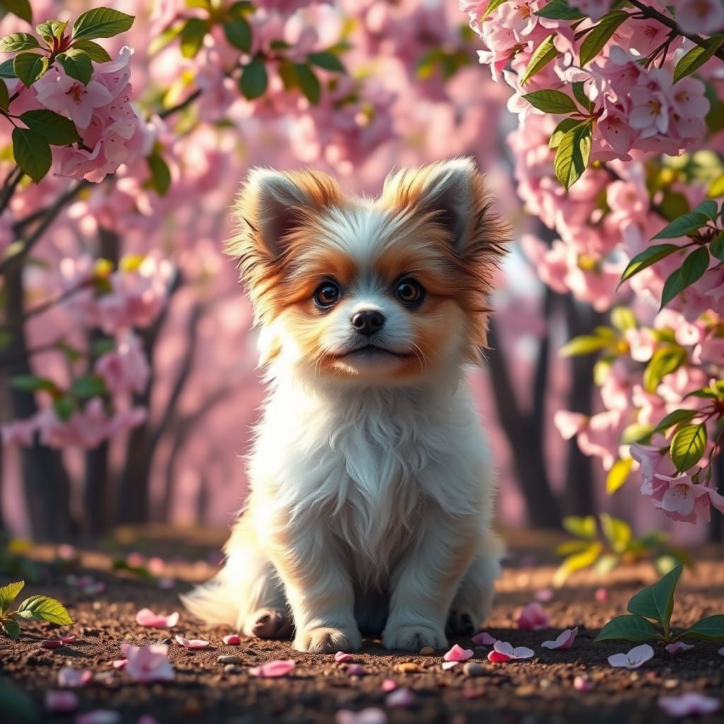 Majestic Morkie Puppy Amidst Cherry Blossom Paradise
