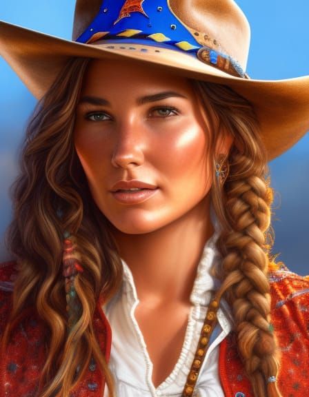 Cowgirl Portrait with Curly Hair, Impressionist Style