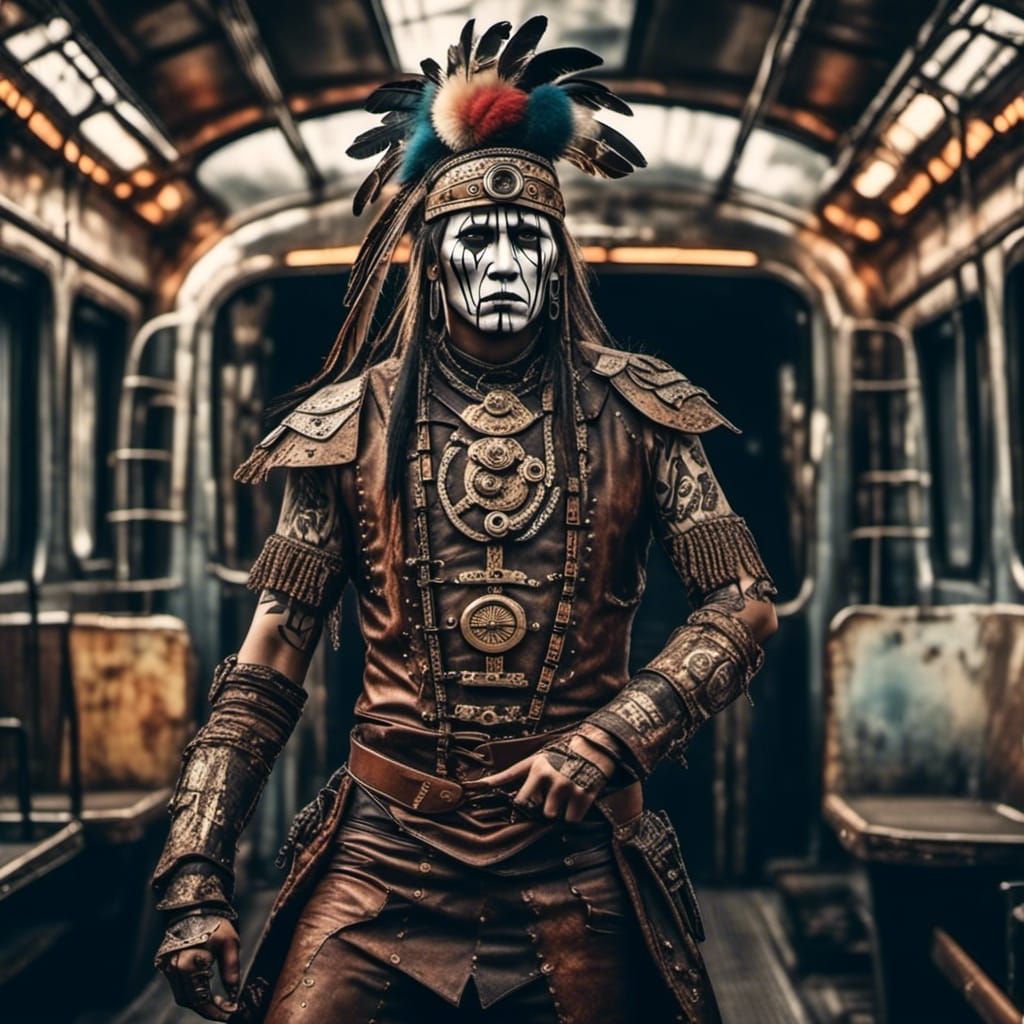 Steampunk Native American Warrior on Train