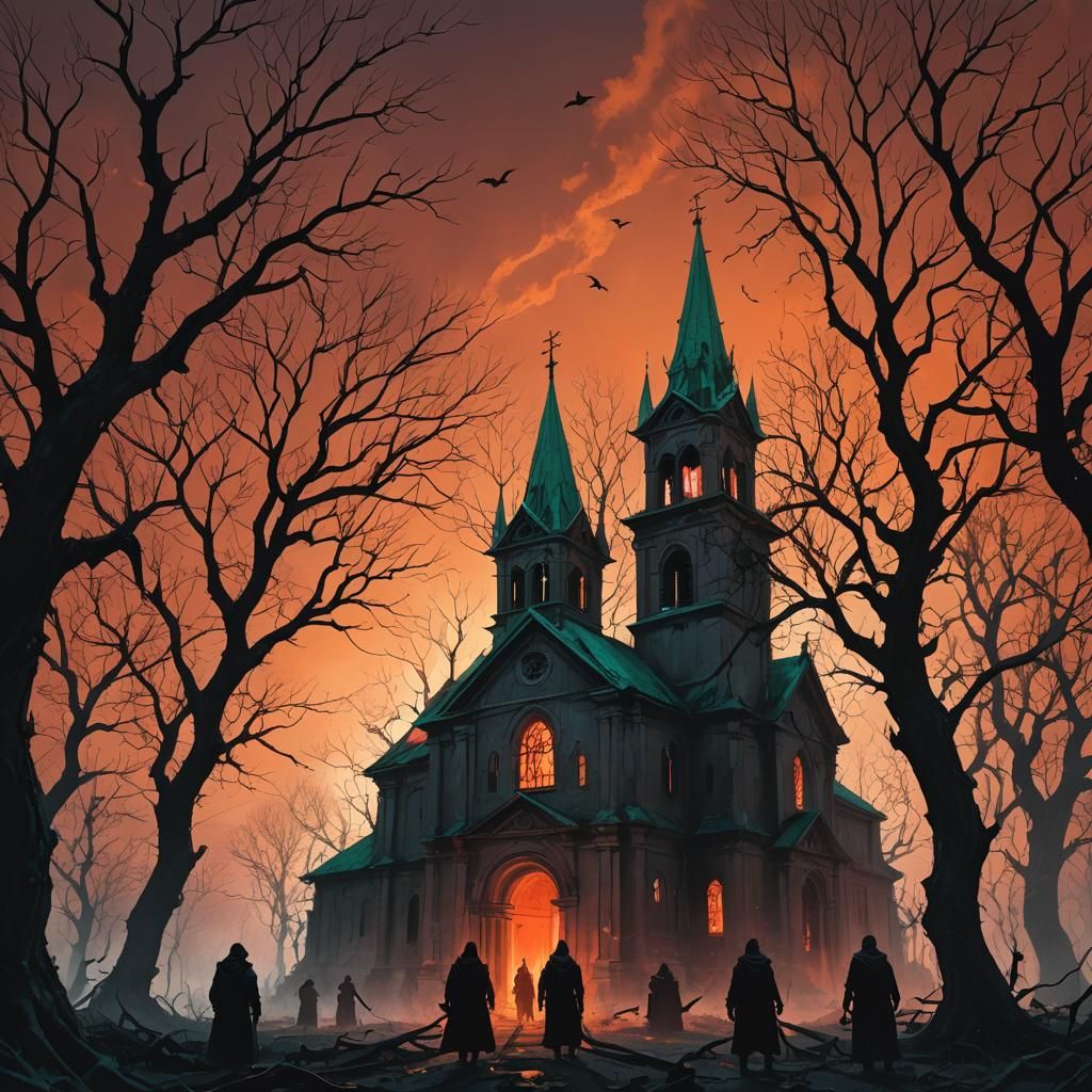 Ominous Creatures in Abandoned Church, Dark Fantasy Art