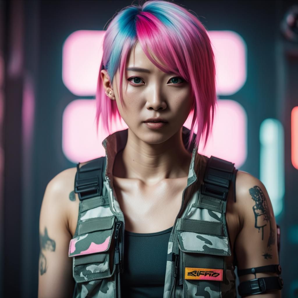Cyberpunk Asian Woman with Pink Hair in Neon City