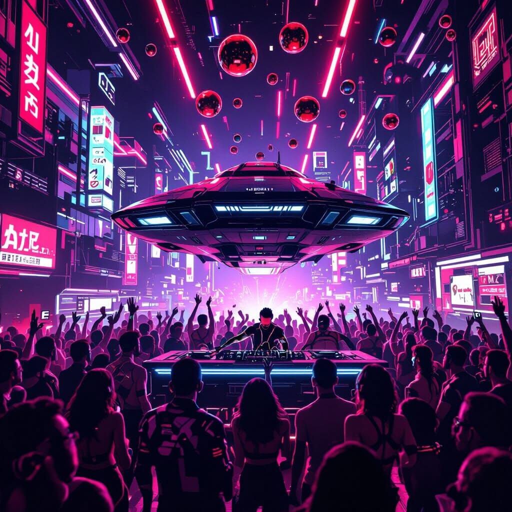 Cyberpunk Rave with Neon Lights and Futuristic DJ Booth