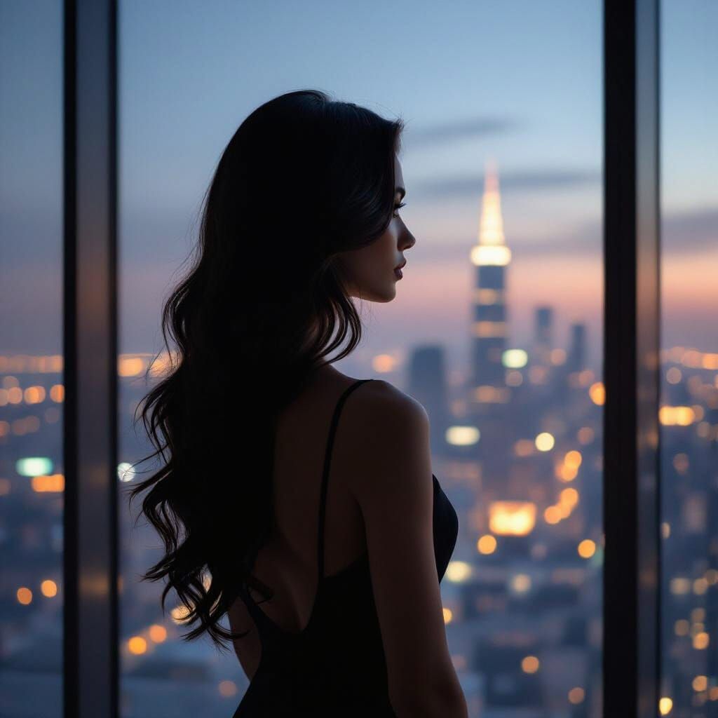 Faceless Woman Gazes at Glowing Cityscape