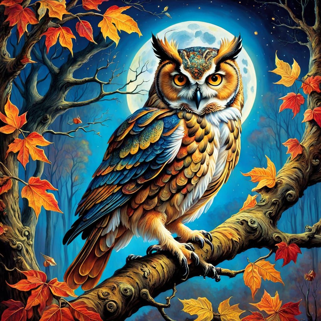 Autumn Owl in Moonlit Forest, Whimsical Fantasy Art