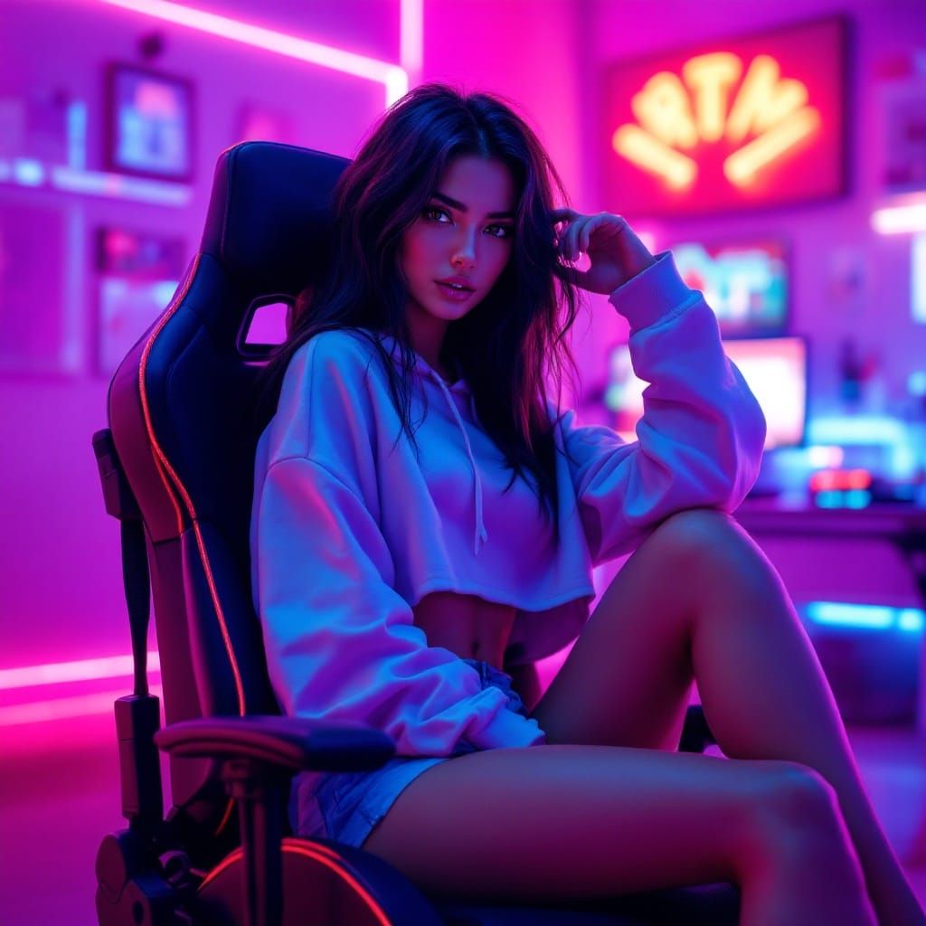 Futuristic Latina Gamer in Neon Paradise