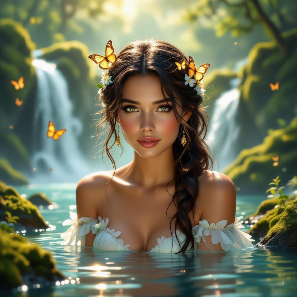 Divine Nature Spirit Merged with Waterfalls