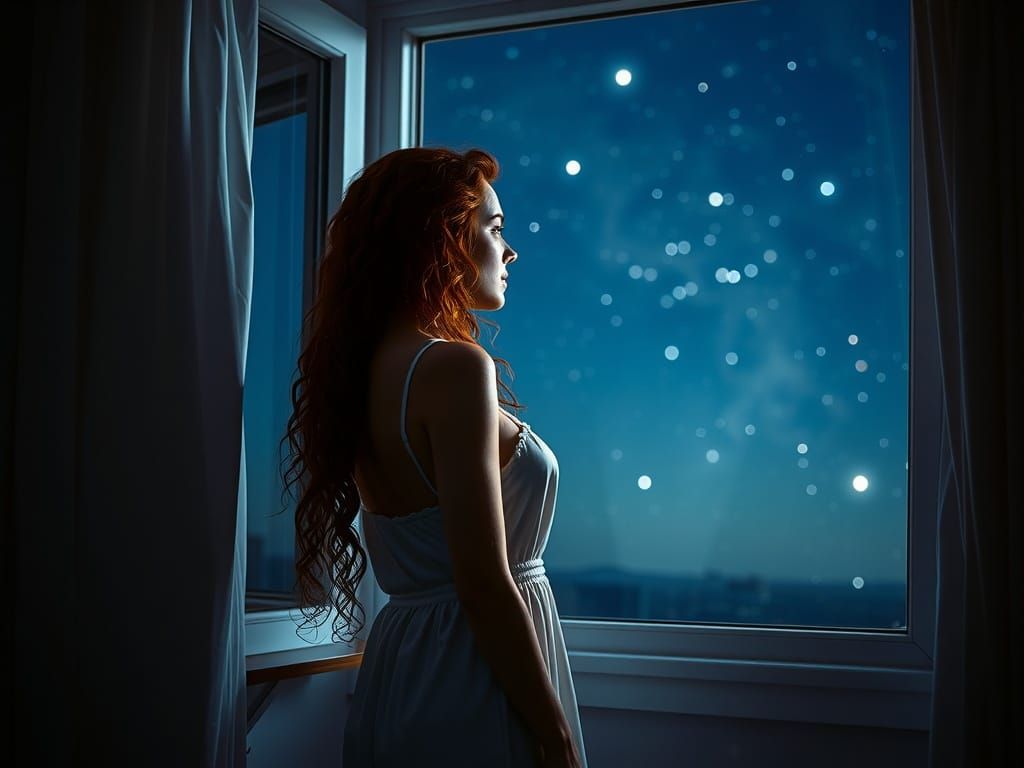 Woman Gazing at Starry Night in Bedroom