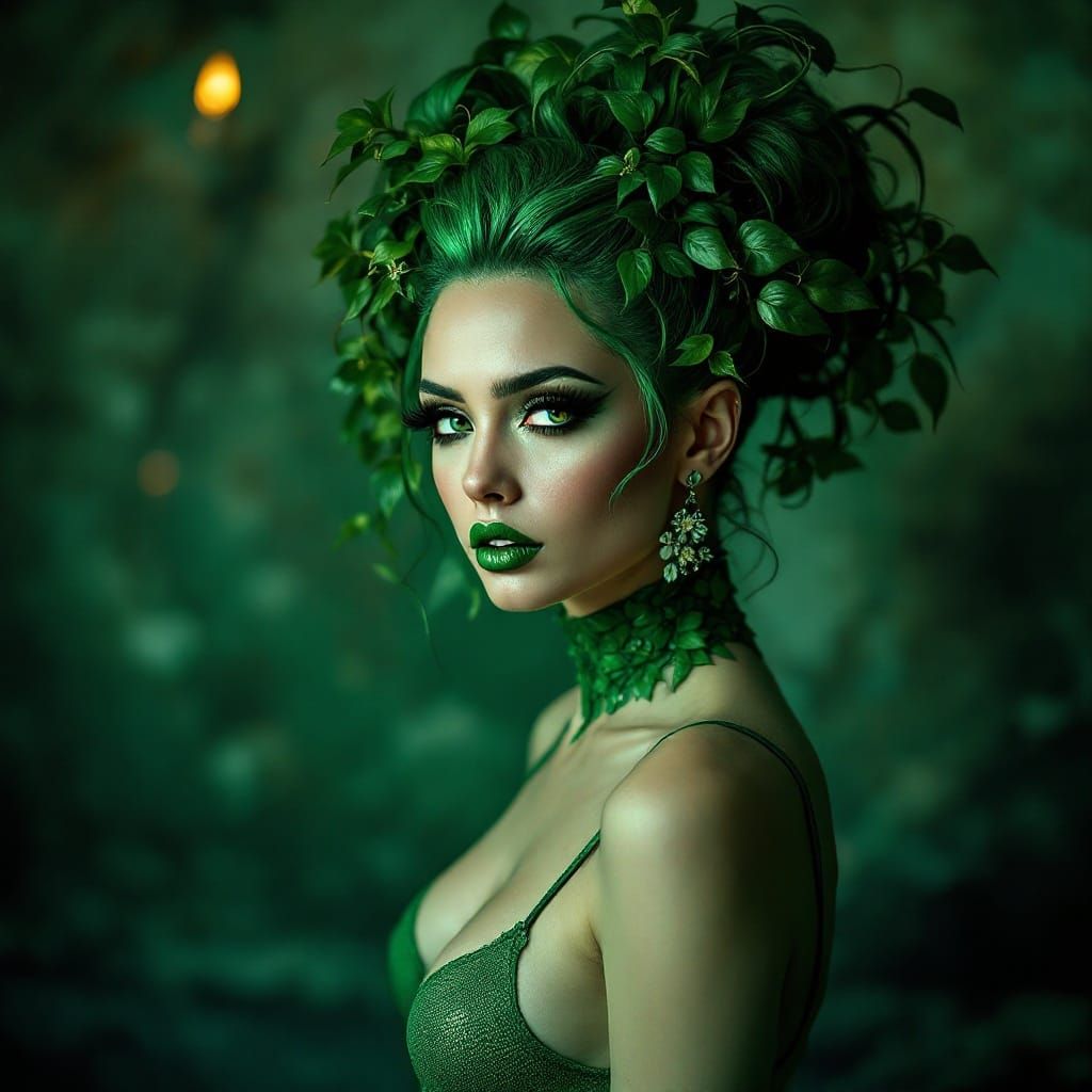 Girl with poison ivy plants, Hair in Cheerleader Ponytail, h...