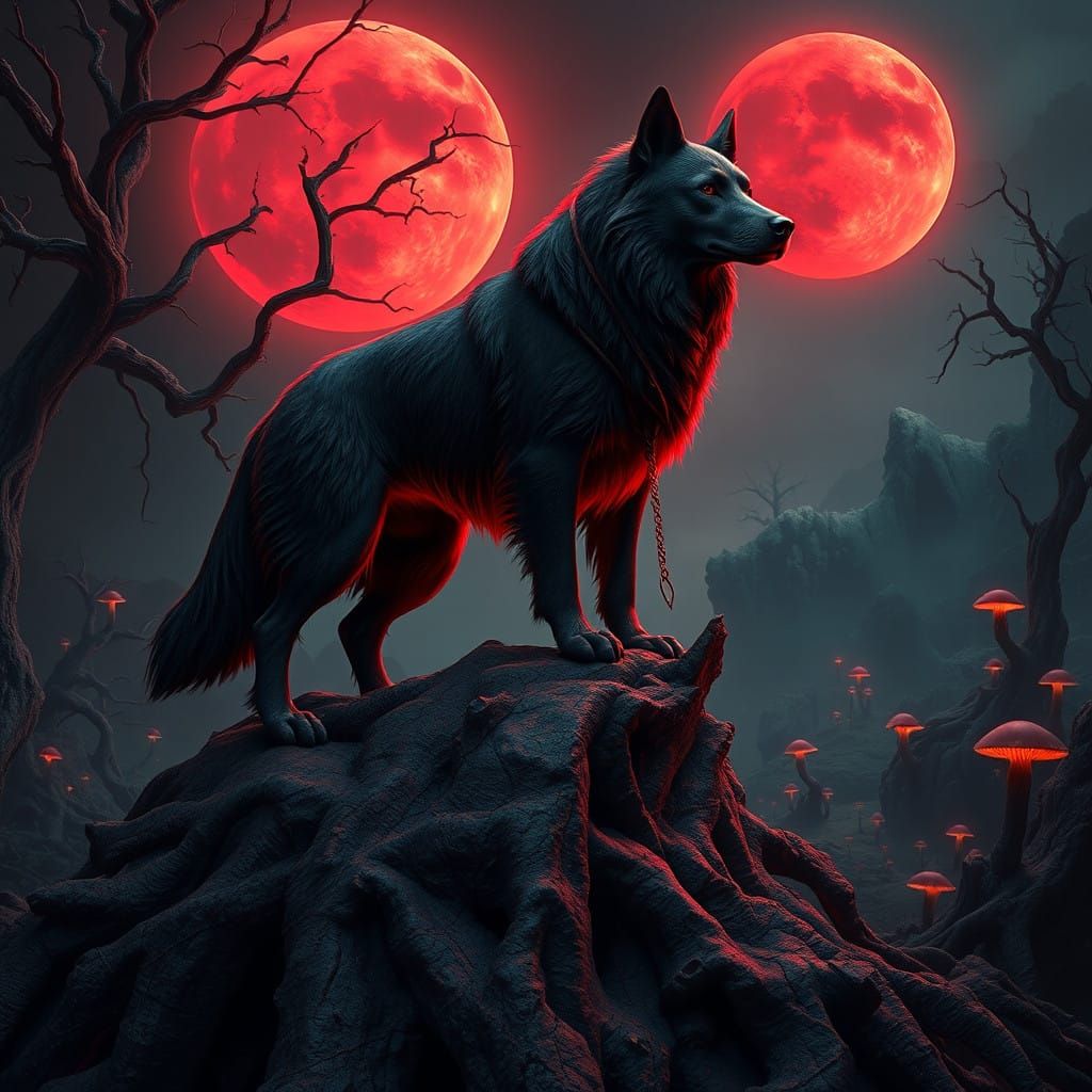 Majestic Dog Amidst a Bloody Red Moonlit Landscape