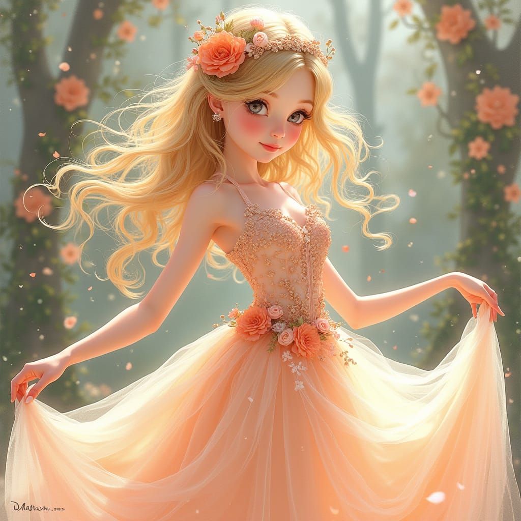 Ballerina in Peach Gown, Watercolor and Ink Style