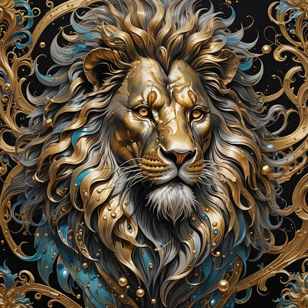 Surreal Lion Drawing with Iridescent Pearls